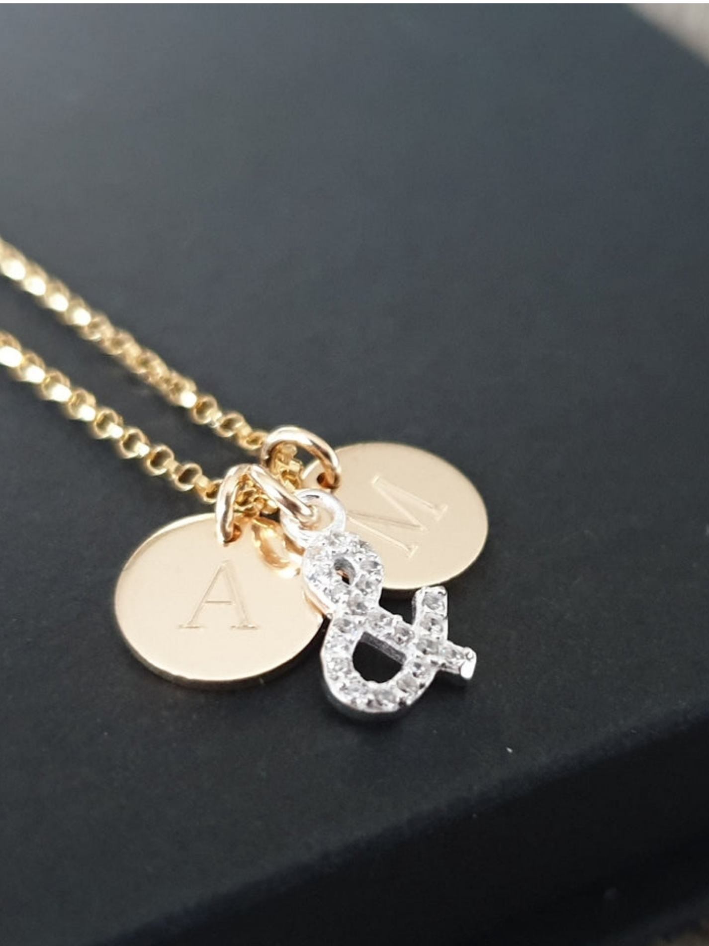 Necklace - Silver Crystal '&' with Two Engraved Discs