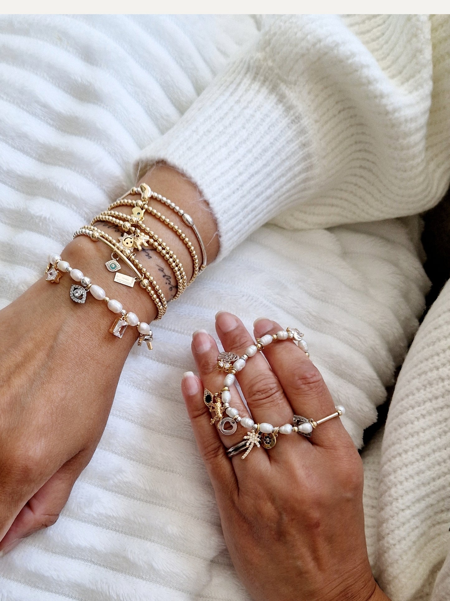 Pearl & Gold Charm Bracelet - Gold & Crystal Charms