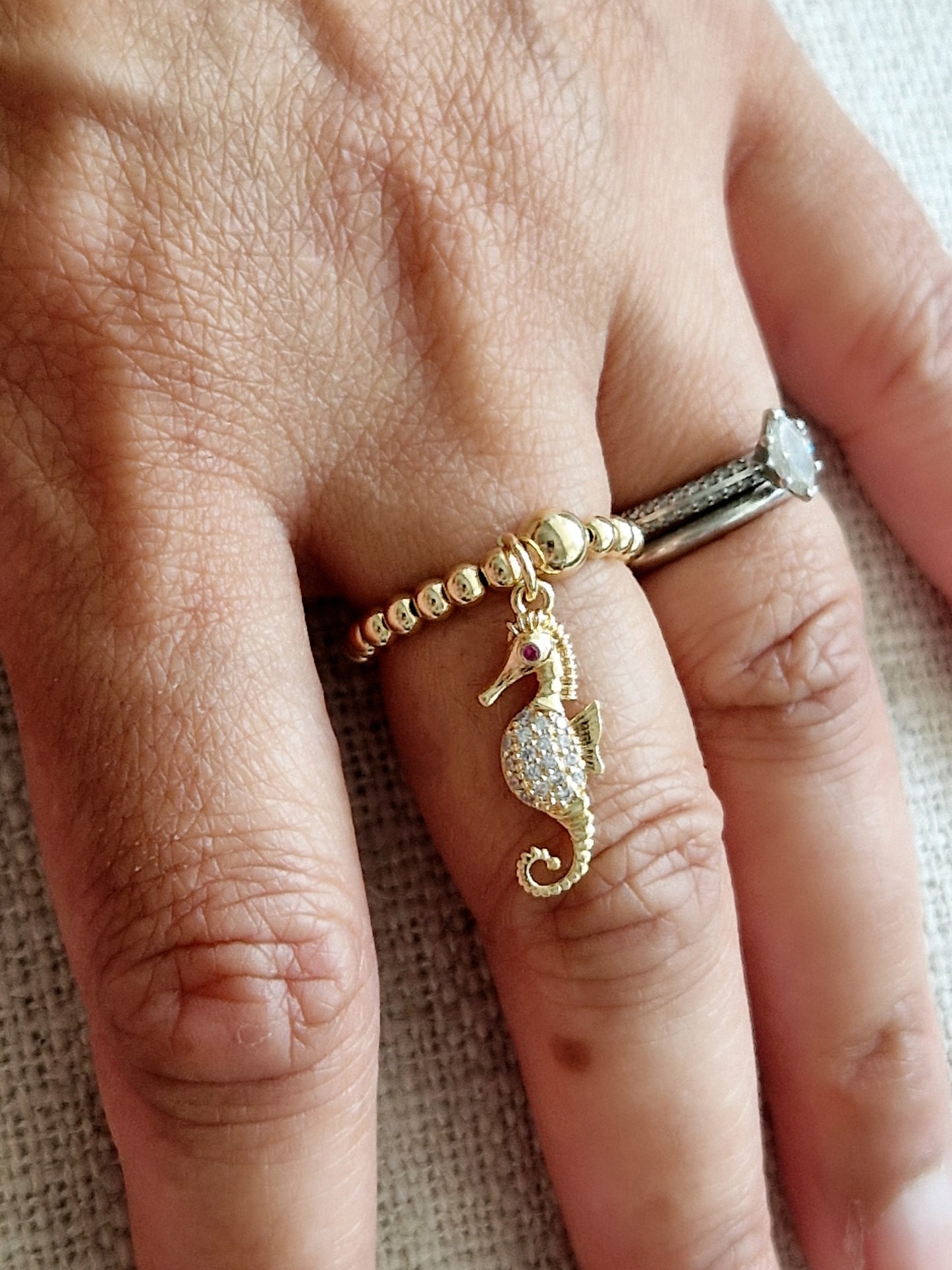 Gold Bobble Ring - Gold & Crystal Seahorse