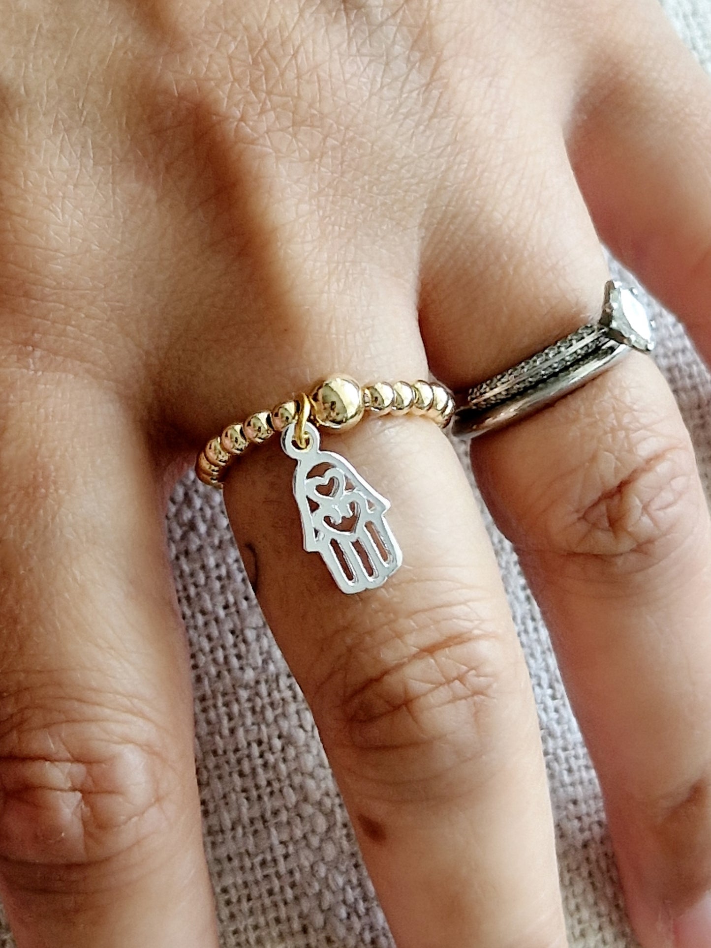 Gold Bobble Ring - Silver Hamsa Hand