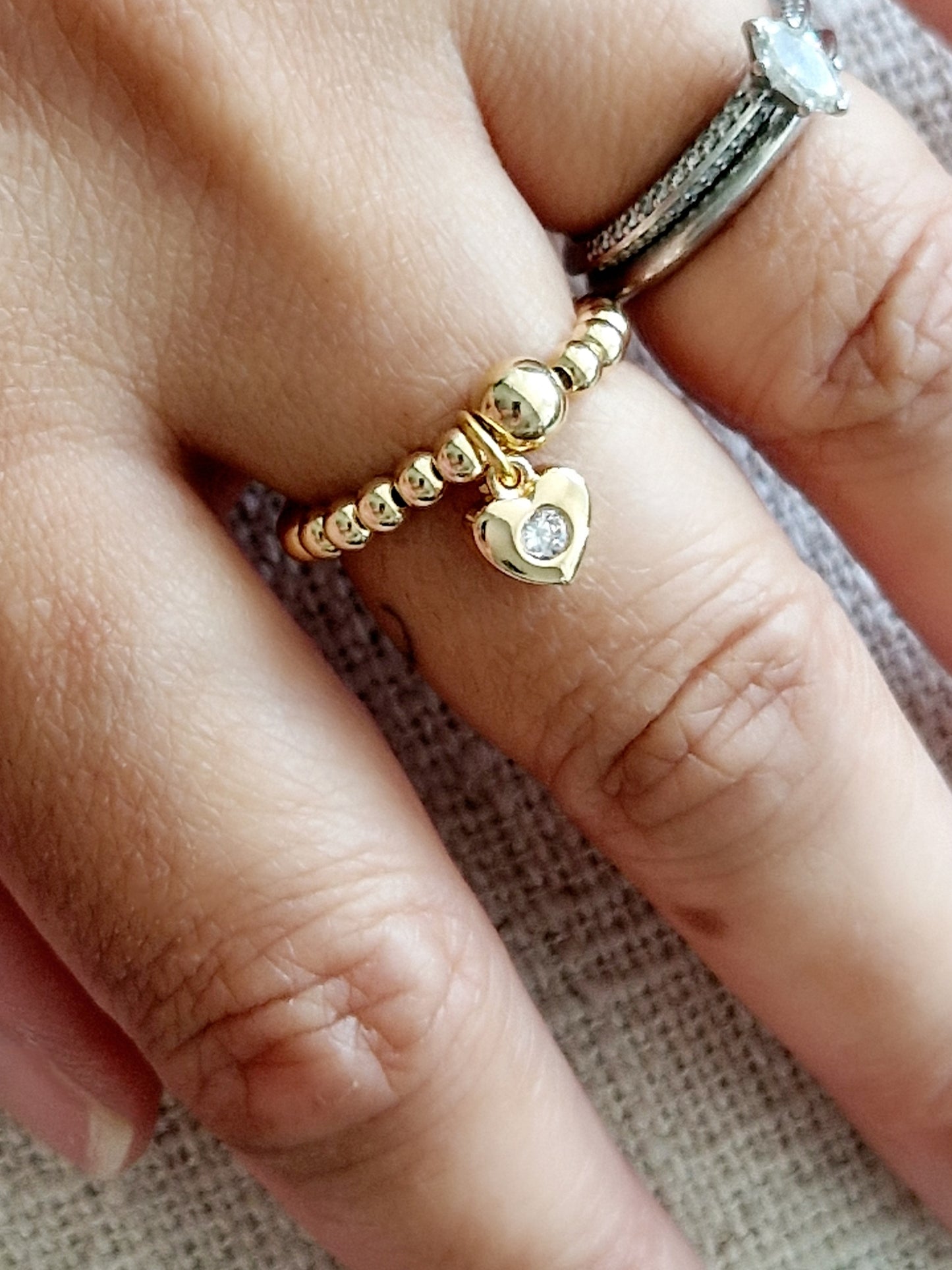 Gold Bobble Ring - Heart with Crystal