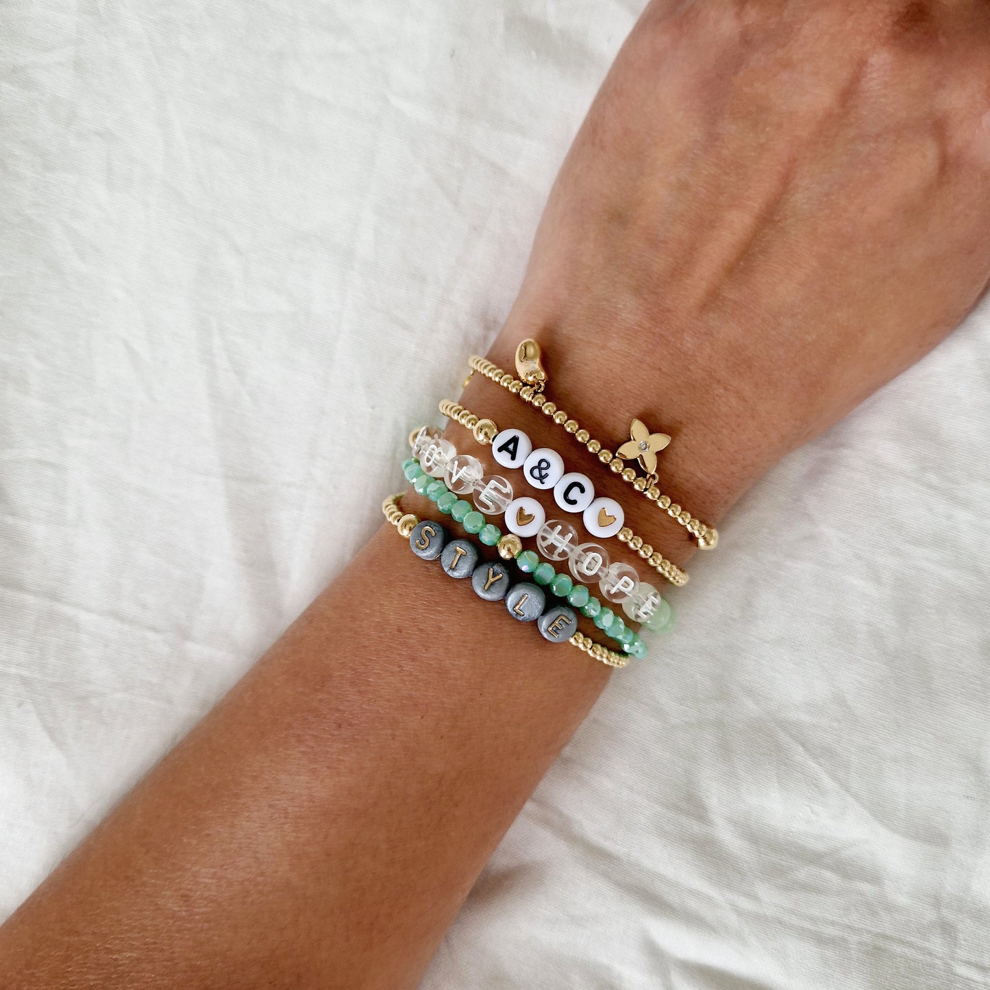 Gold Bobble Bracelet - Grey Letters