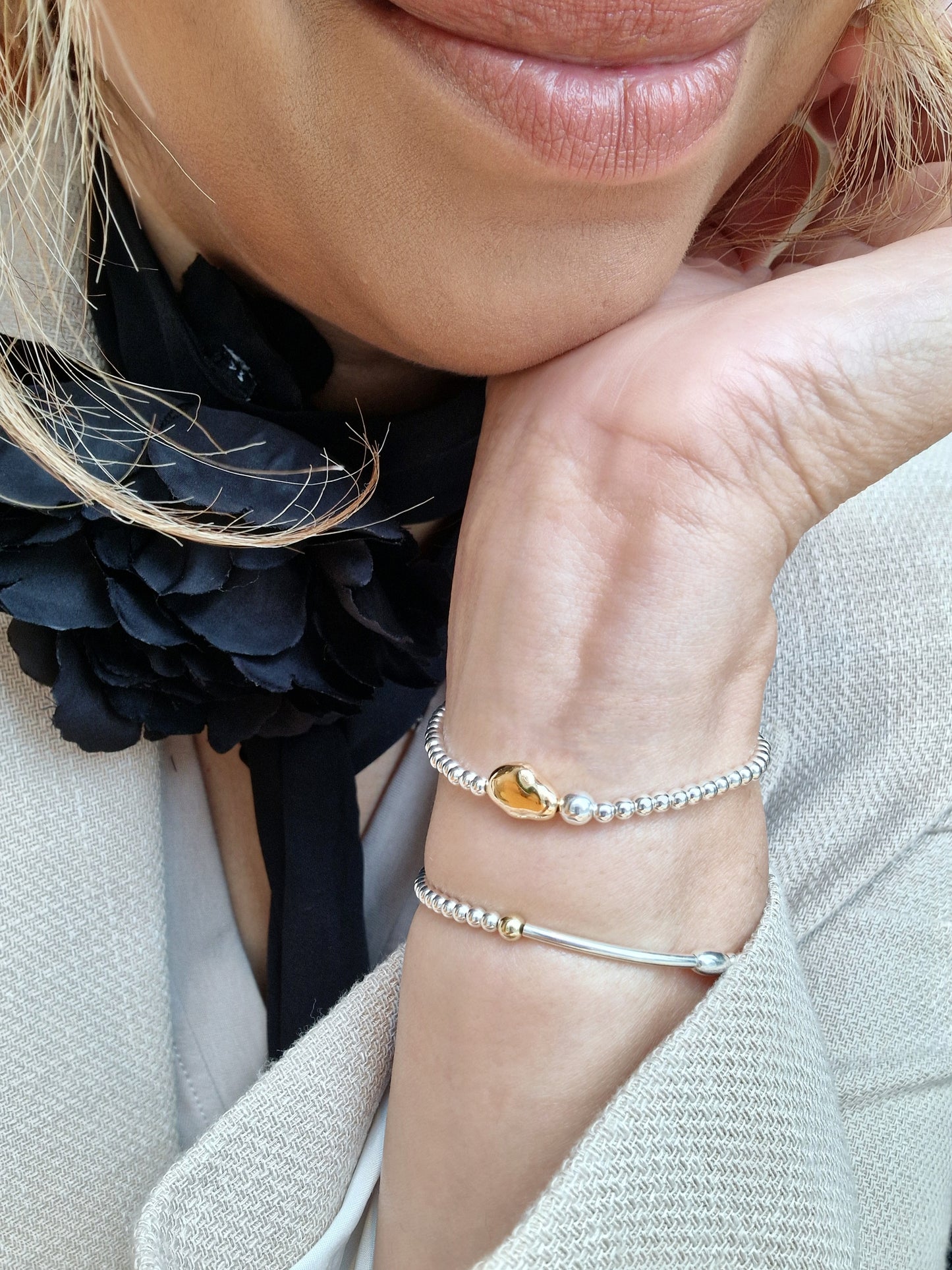 Silver Bobble Bracelet - Gold Nugget