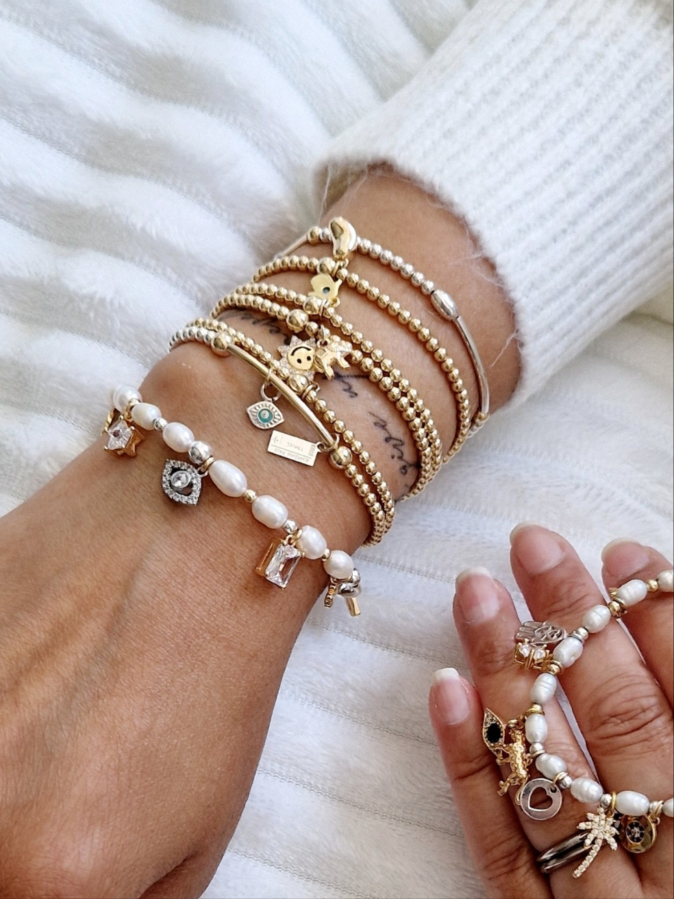 Pearl & Gold Charm Bracelet - Gold & Crystal Charms