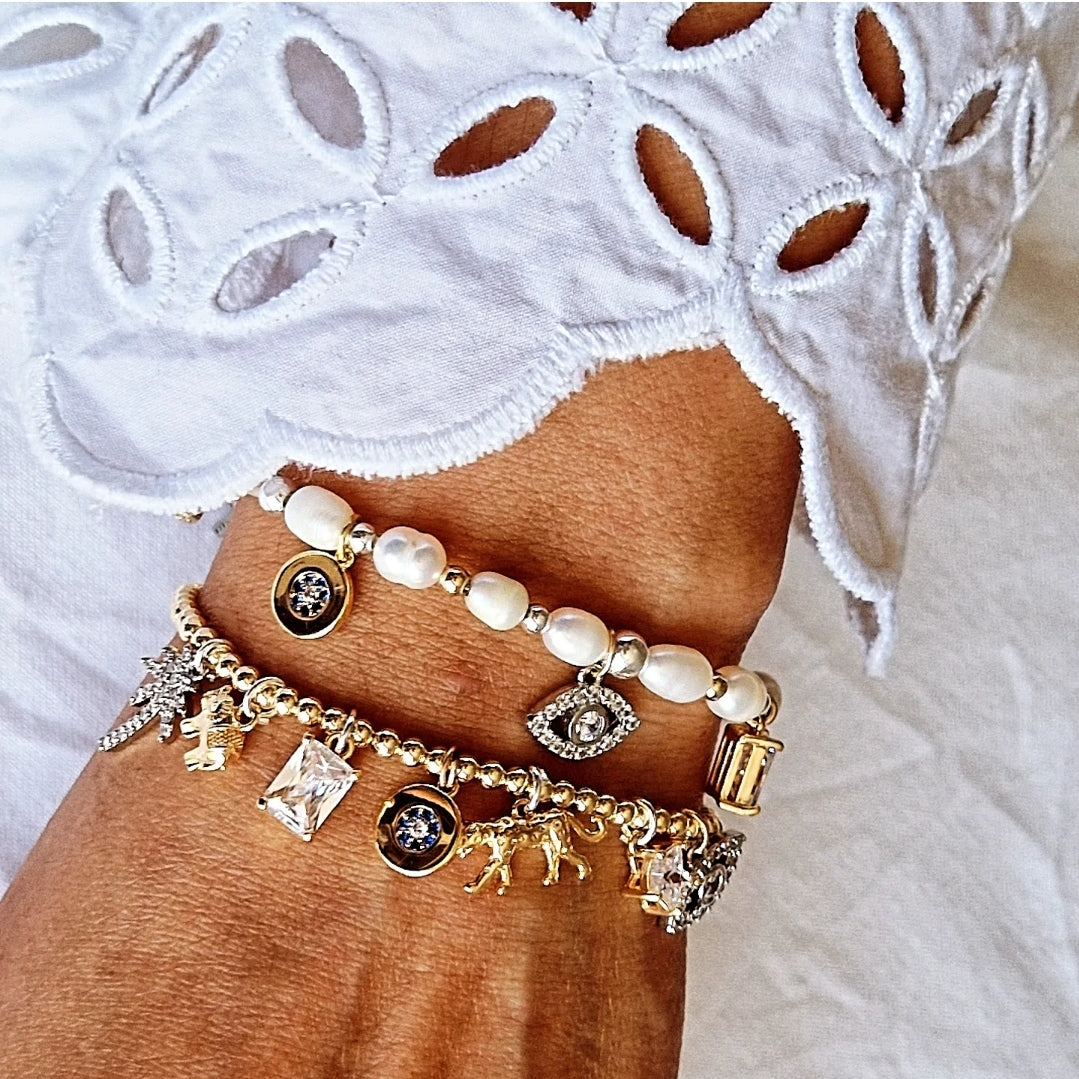 Pearl & Gold Charm Bracelet - Gold & Crystal Charms