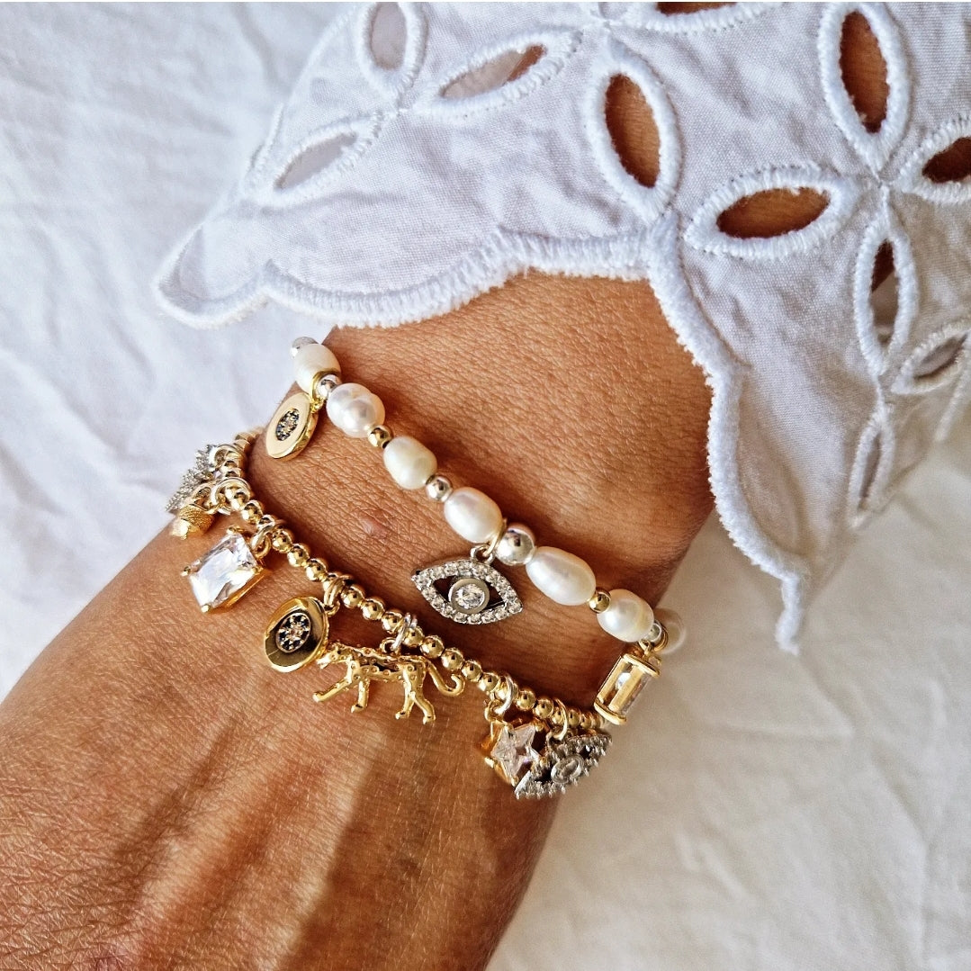 Pearl & Gold Charm Bracelet - Gold & Crystal Charms