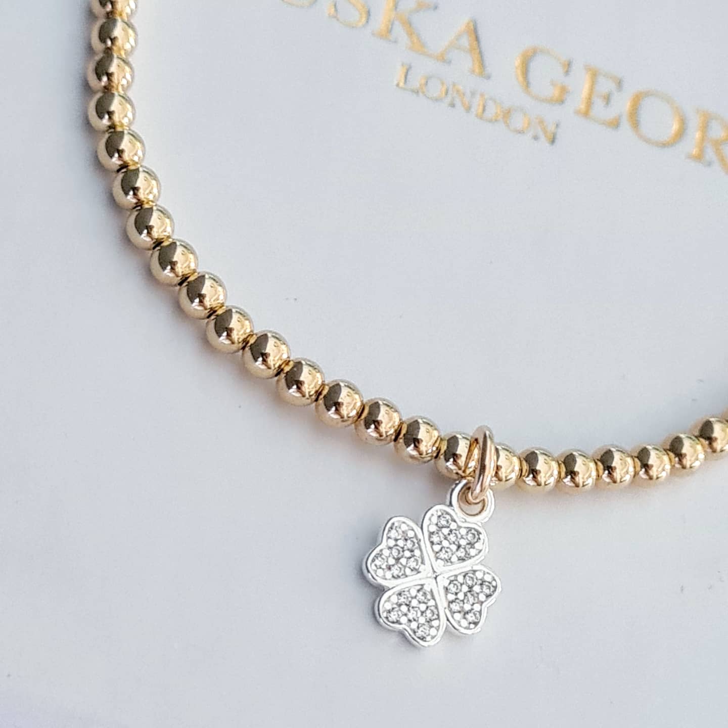 Gold Bobble Bracelet - Silver Crystal Clover