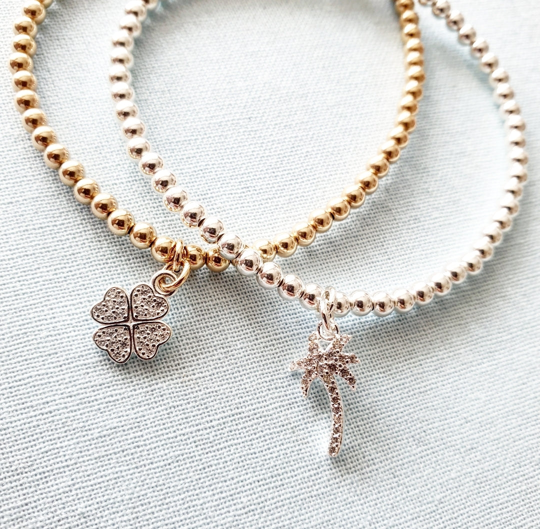 Gold Bobble Bracelet - Silver Crystal Clover