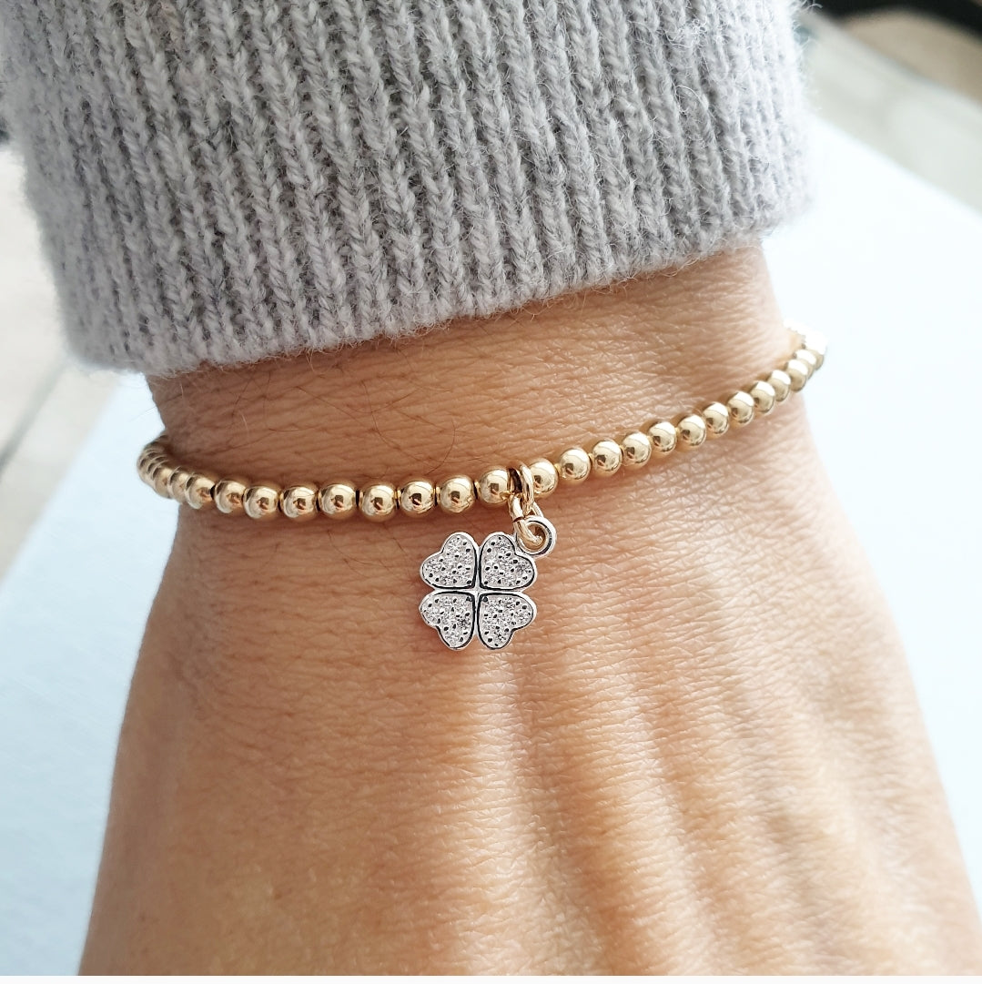 Gold Bobble Bracelet - Silver Crystal Clover