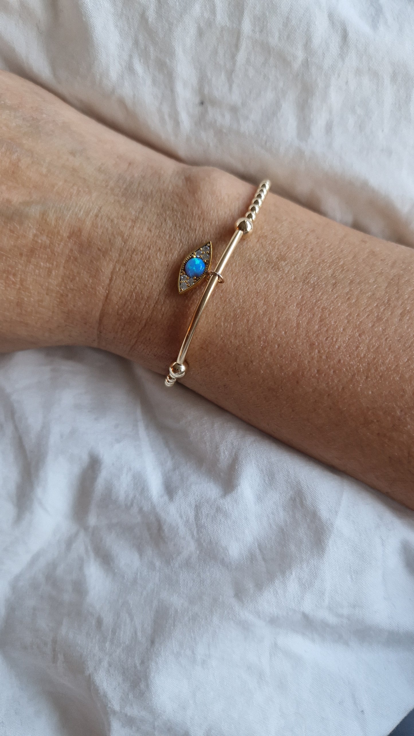 Gold Bobble Bar Bracelet - Blue Opal Eye