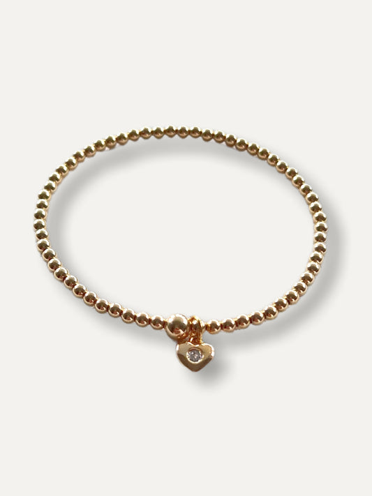 Gold Bobble Bracelet - Gold & Crystal Heart Charm