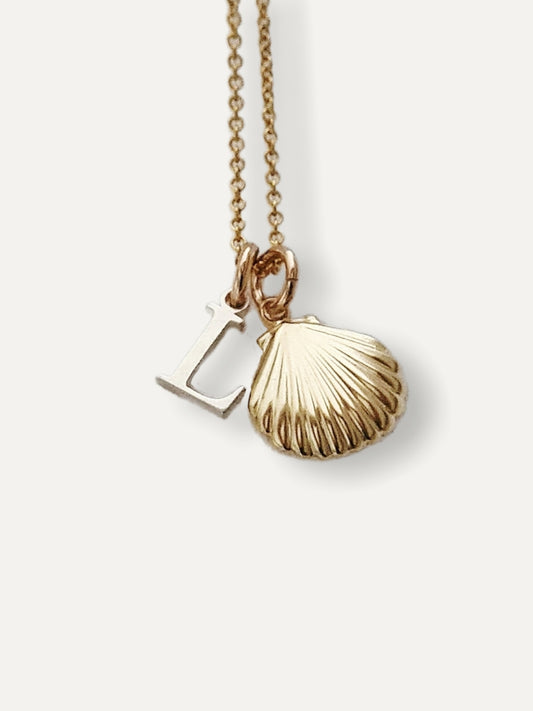 Gold Necklace - Gold Shell & Silver Initial