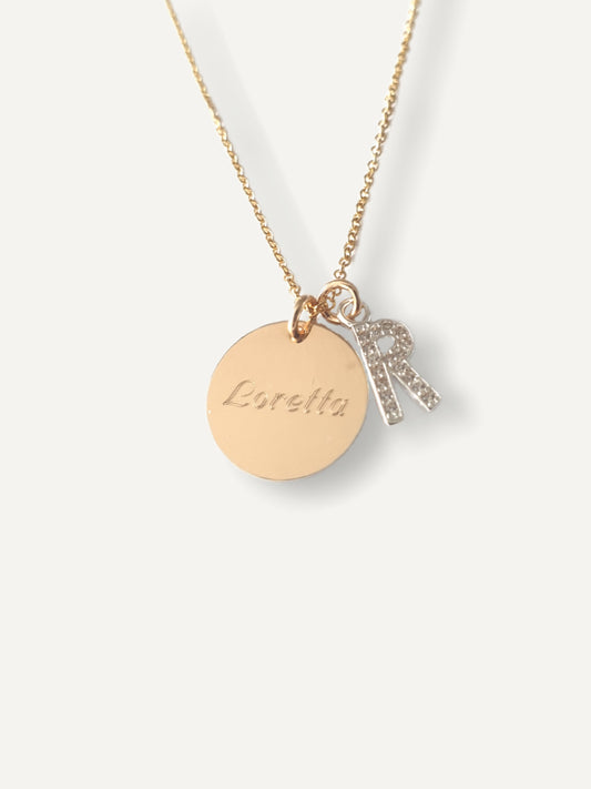 Gold Necklace - Gold Disc & Silver Crystal Initial