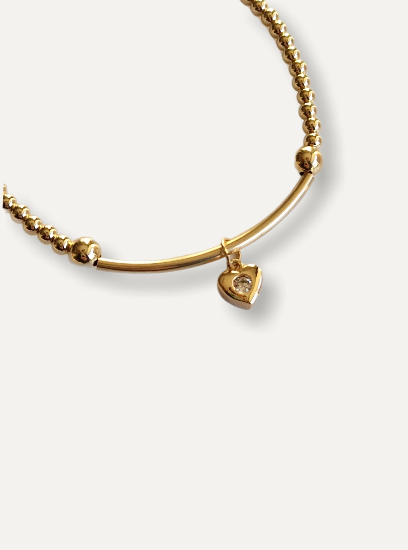 Gold Bobble Bar Bracelet - Gold & Crystal Heart Charm