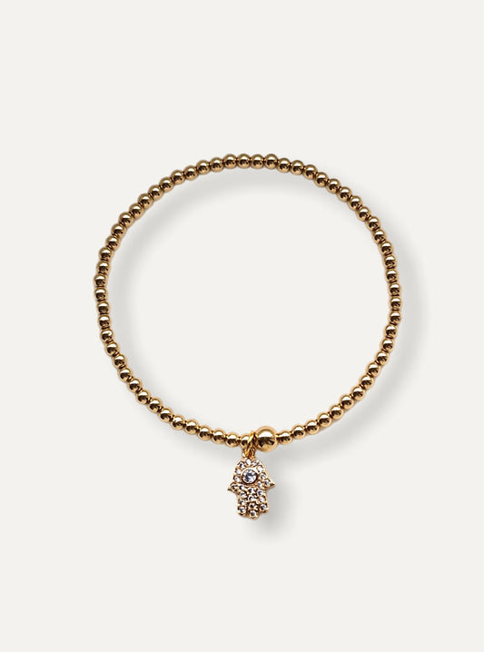 Gold Bobble Bracelet - Crystal Hamsa