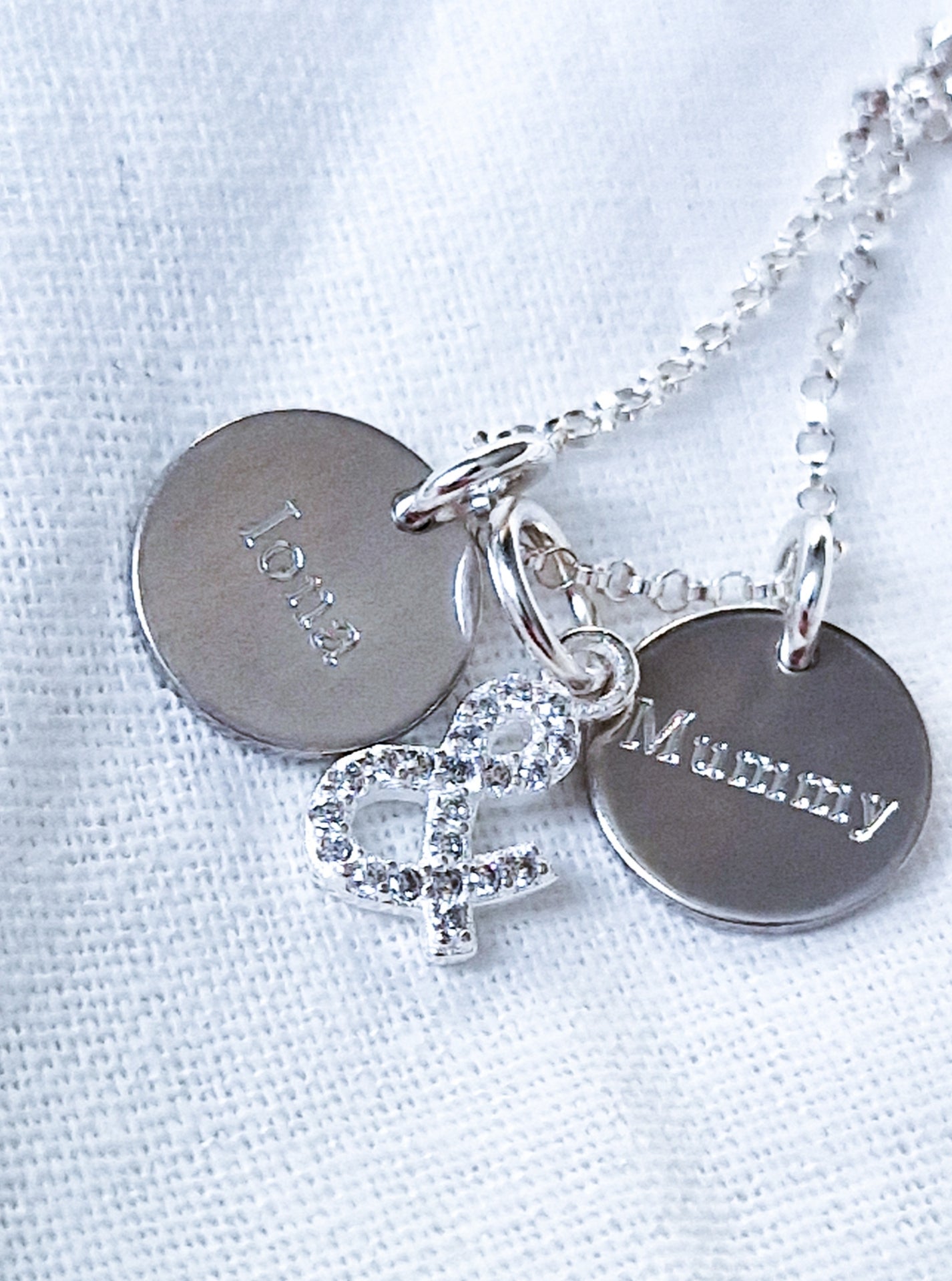 Necklace - Silver Crystal '&' with Two Engraved Discs