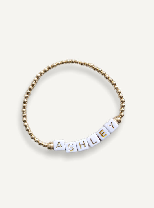 Gold Bobble Bracelet - White & Gold Square Letters