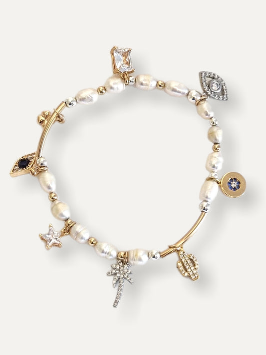 Pearl & Gold Charm Bracelet - Gold & Crystal Charms