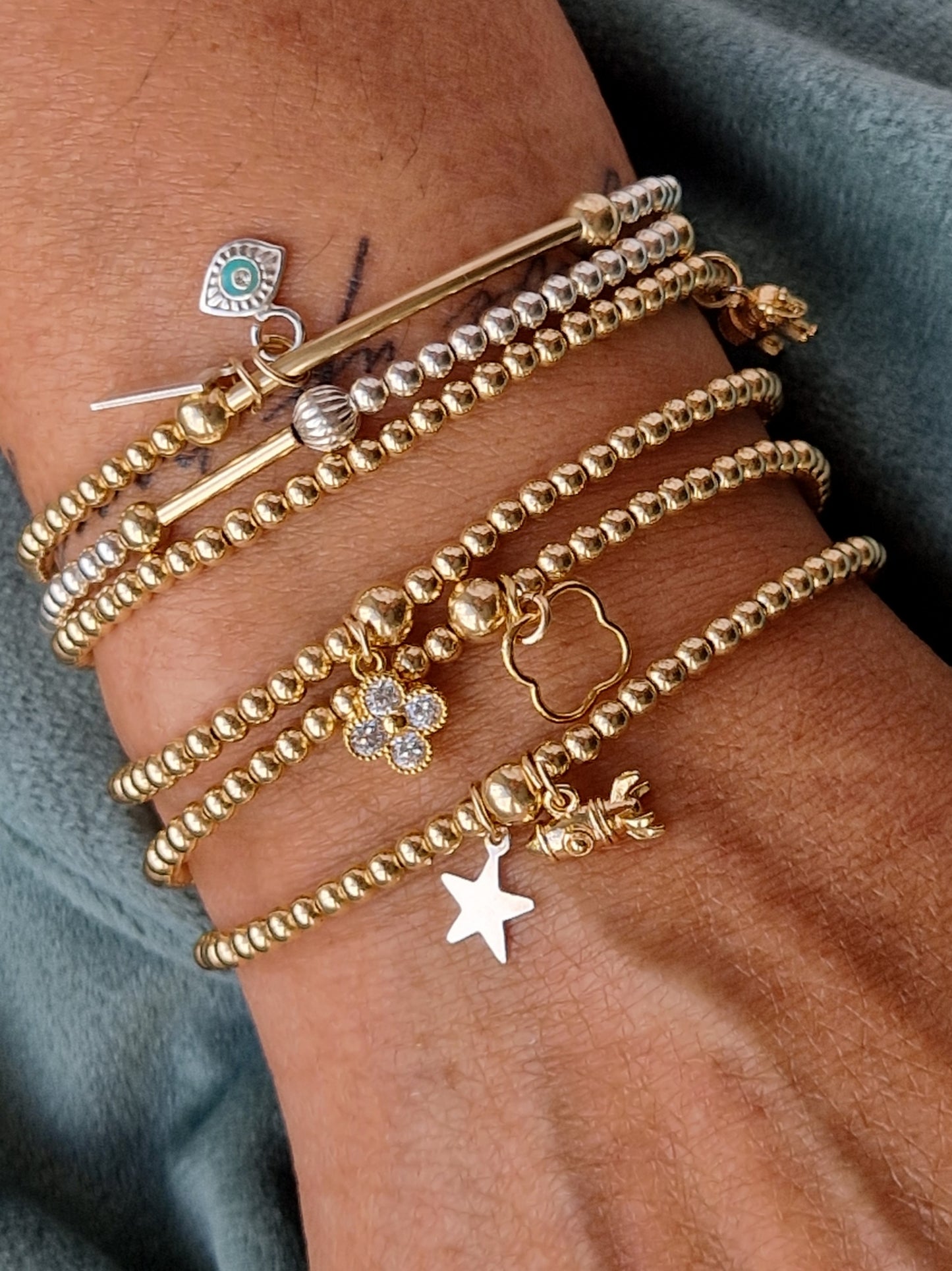 Gold Bobble Bracelet - Crystal 'Clover' Charm