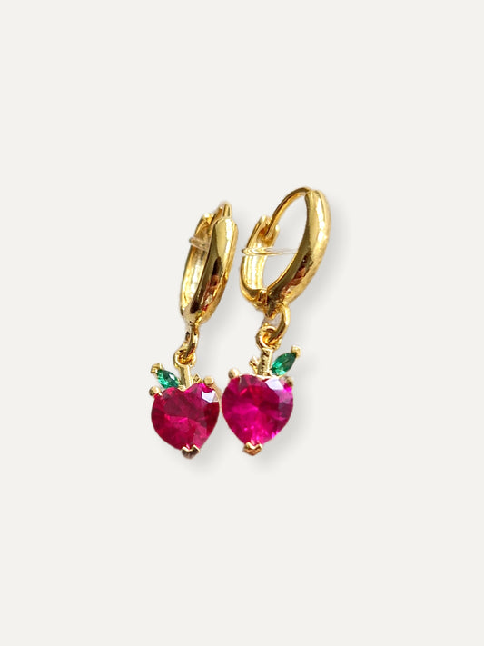 Gold & Crystal Cherry Huggie Earrings