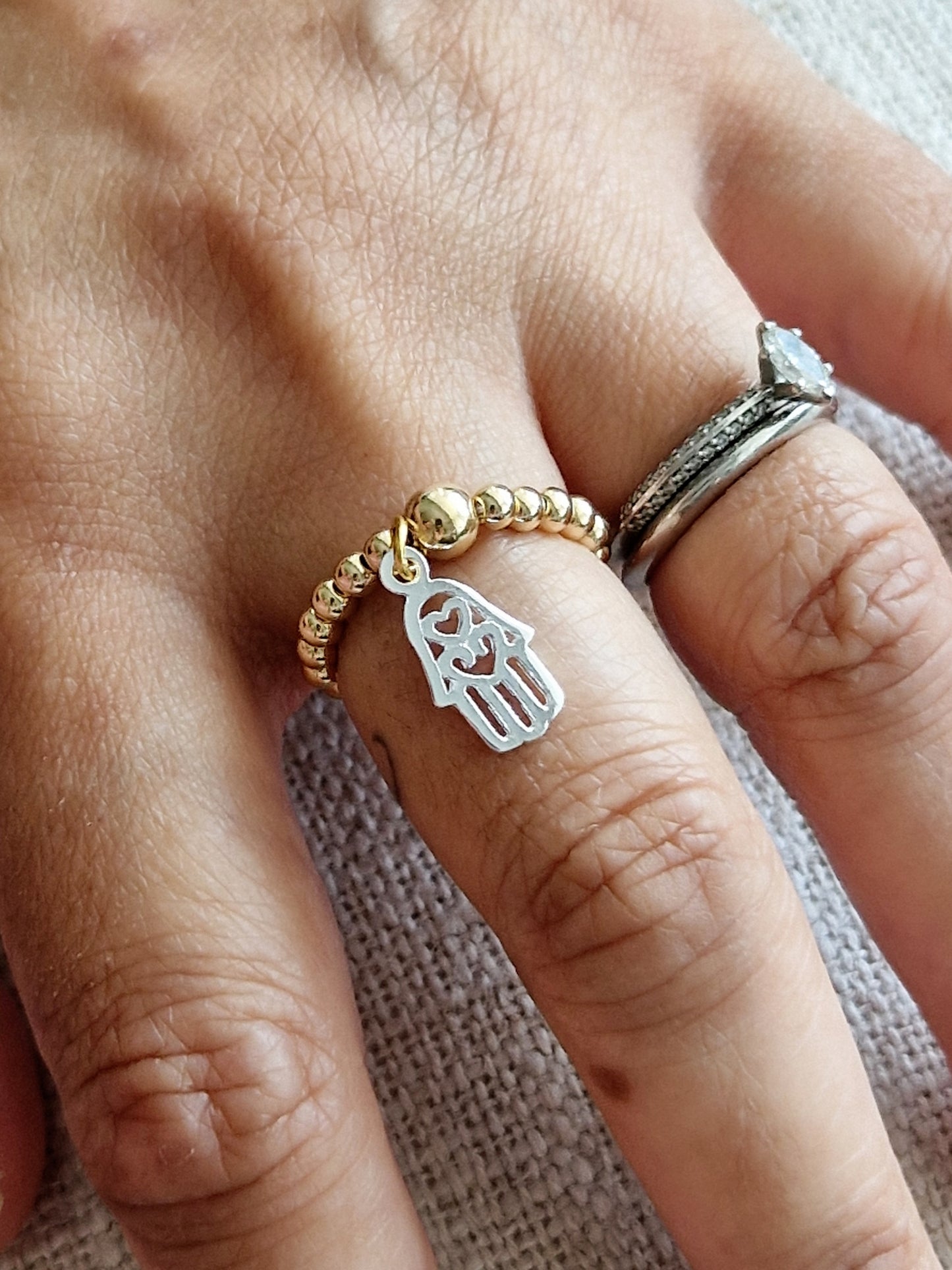 Gold Bobble Ring - Silver Hamsa Hand
