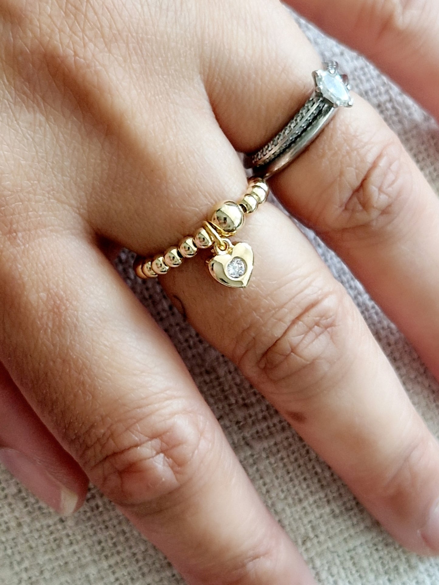Gold Bobble Ring - Heart with Crystal