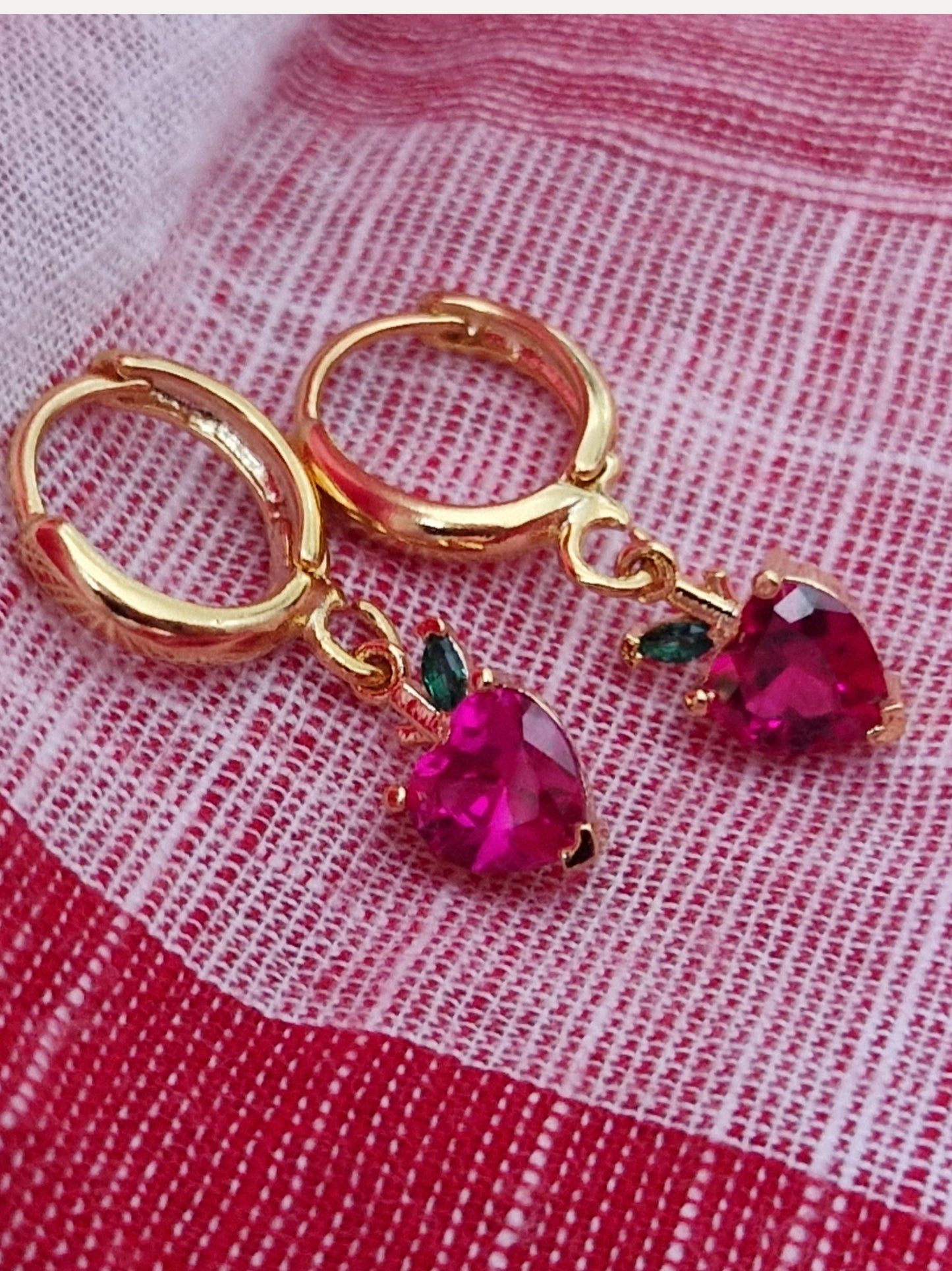 Gold & Crystal Cherry Huggie Earrings