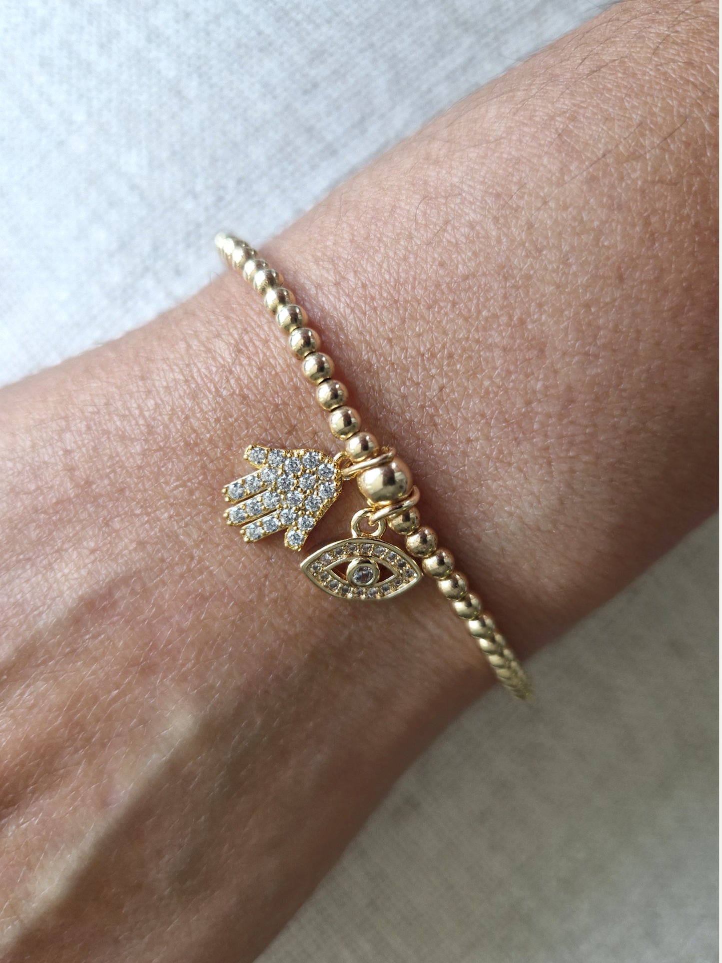 Gold Bobble Bracelet - Crystal  'Hamsa' & 'Eye' Charms