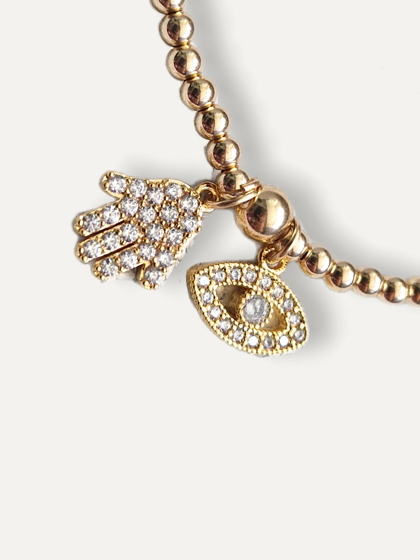 Gold Bobble Bracelet - Crystal  'Hamsa' & 'Eye' Charms