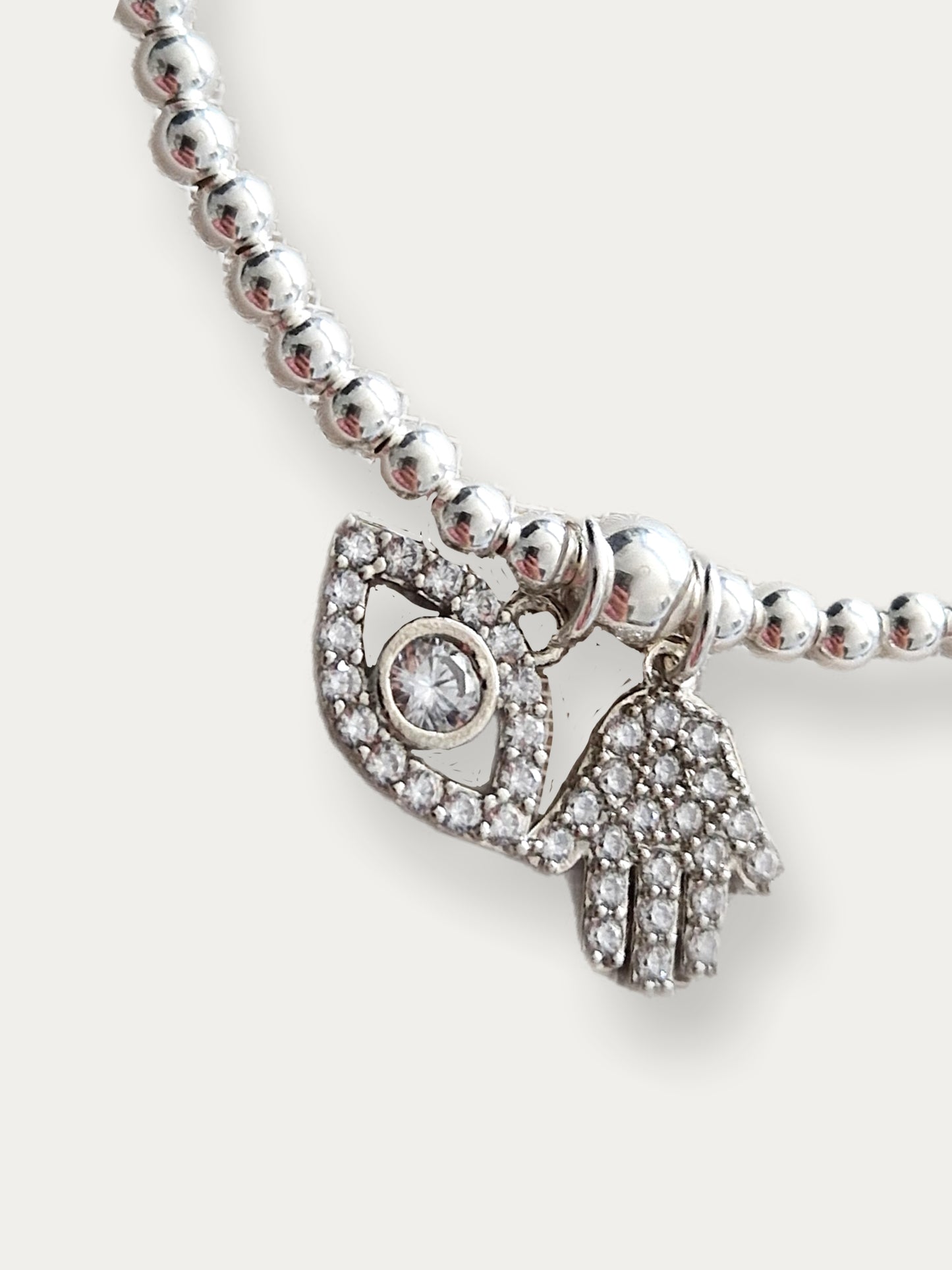 Silver Bobble Bracelet - Crystal  'Hamsa' & 'Eye' Charms