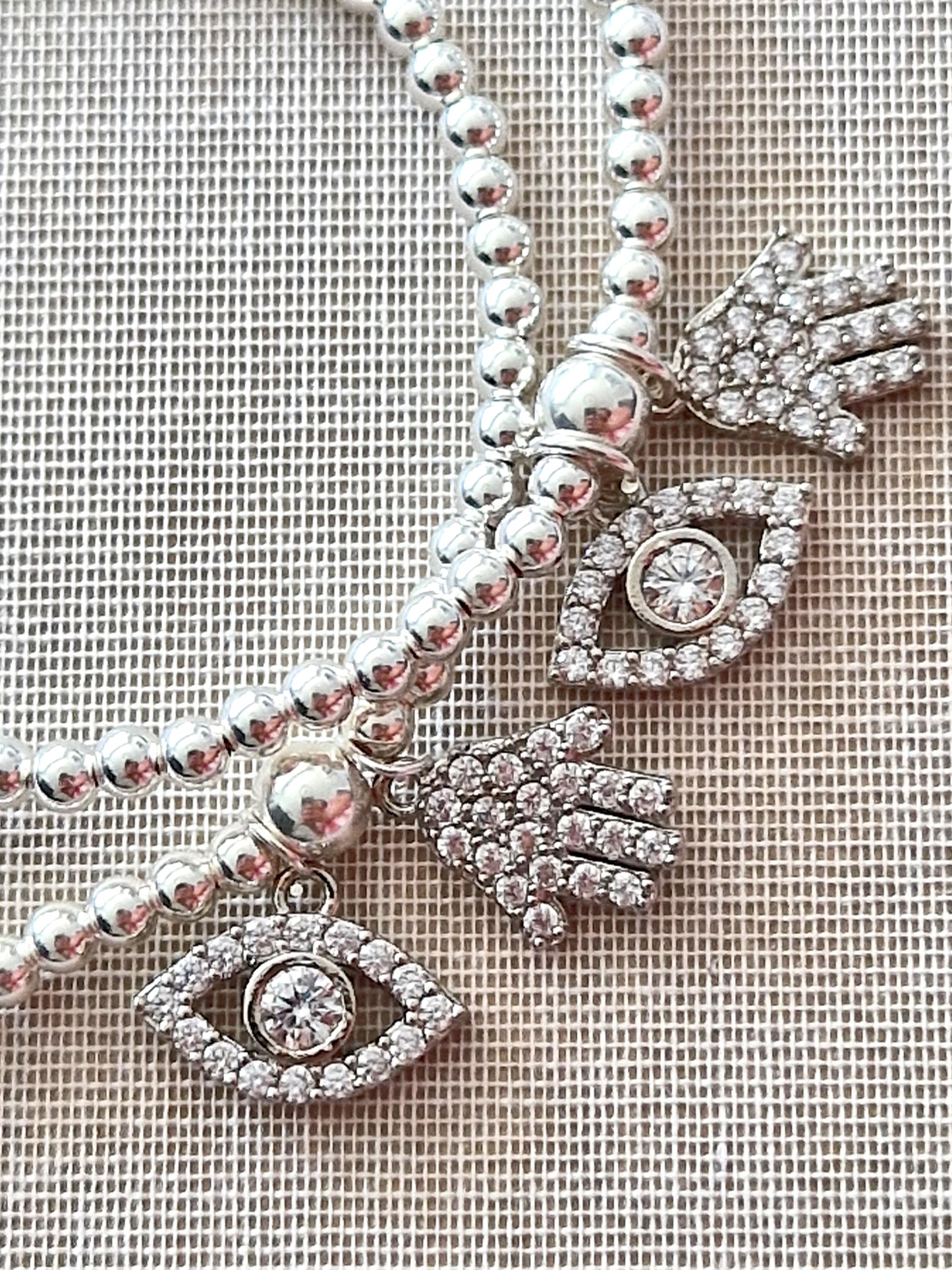 Silver Bobble Bracelet - Crystal  'Hamsa' & 'Eye' Charms