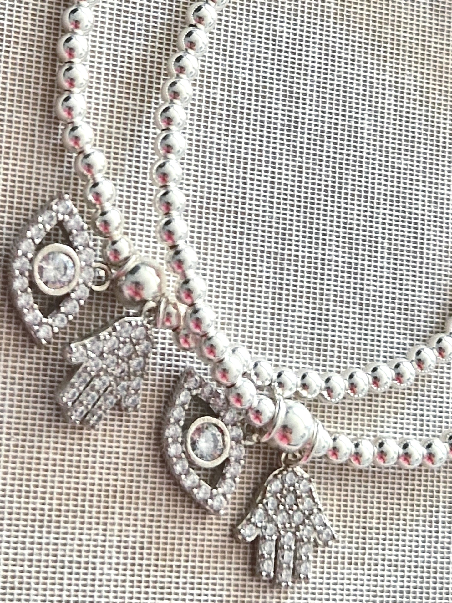Silver Bobble Bracelet - Crystal  'Hamsa' & 'Eye' Charms