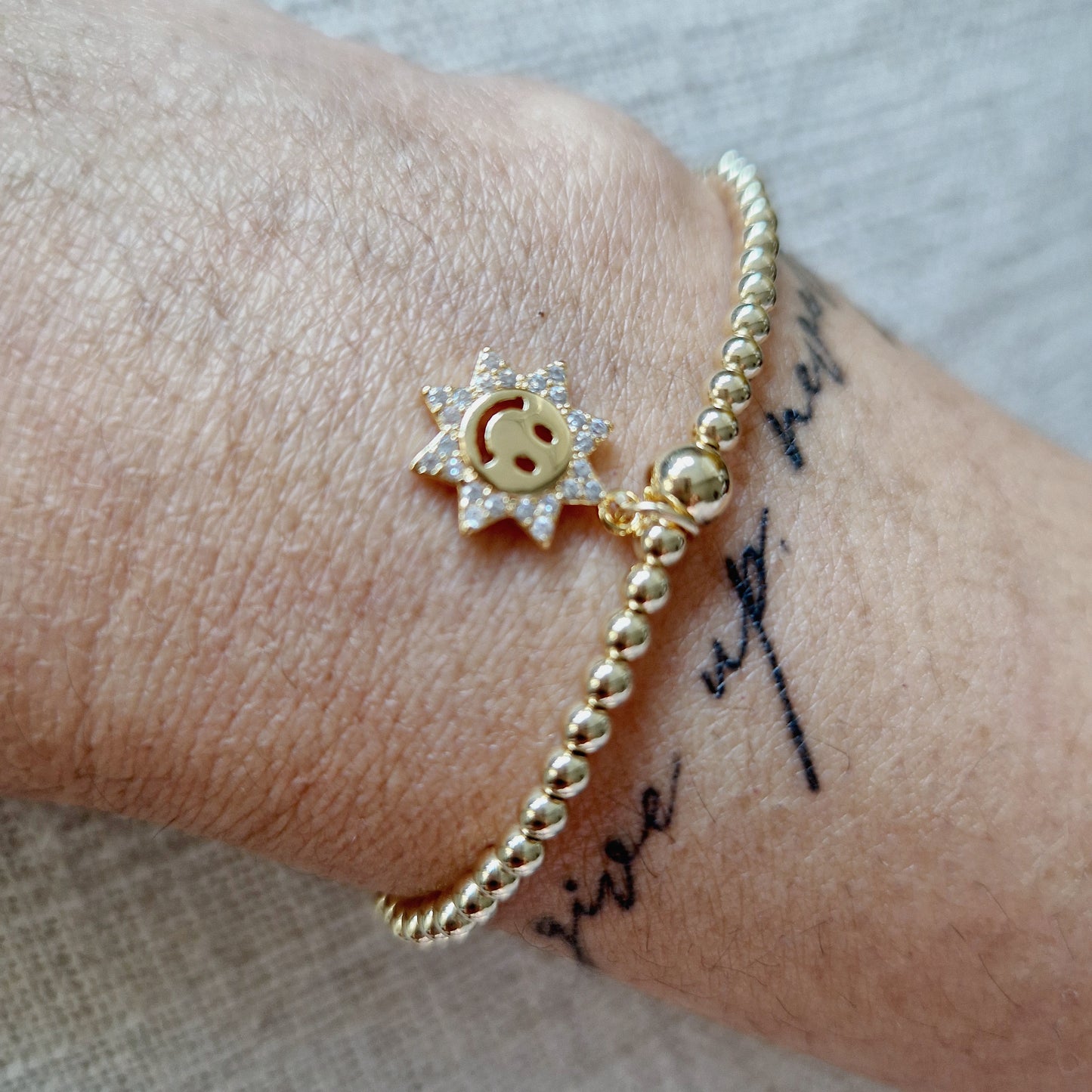 Gold Bobble Bracelet - Gold & Crystal Happy Sun