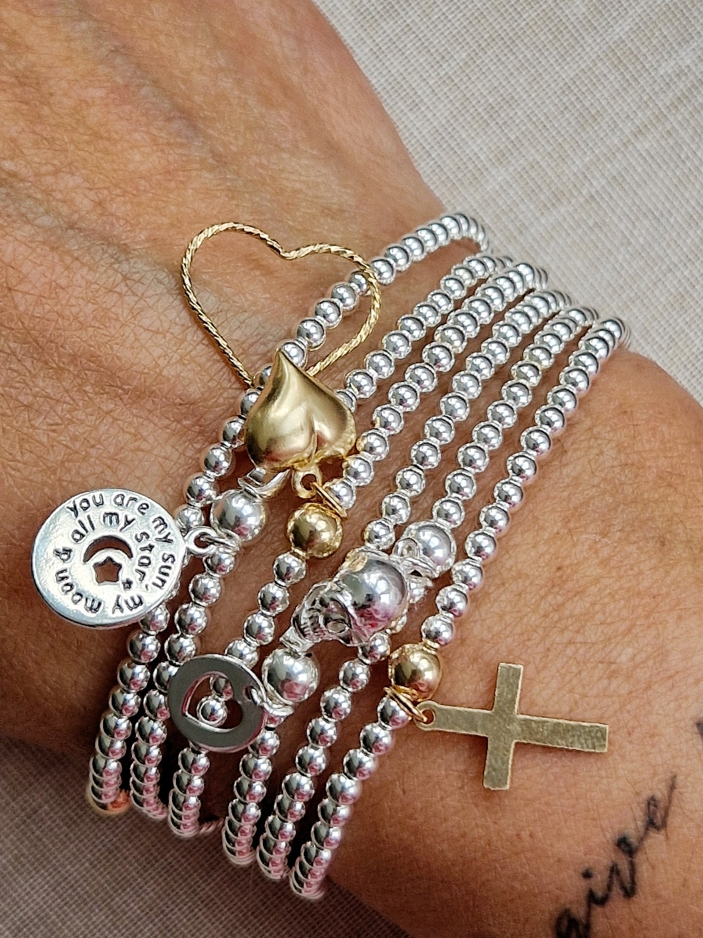 Silver Bobble Bracelet - Gold Heart