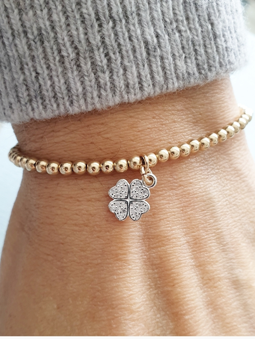 Gold Bobble Bracelet - Silver Crystal Clover