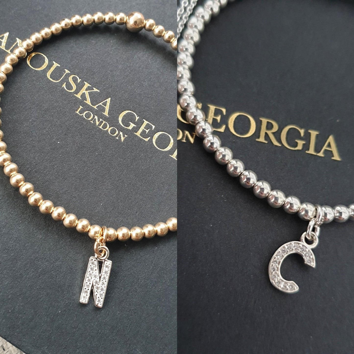 Gold Bobble Bracelet - Silver Crystal Initials