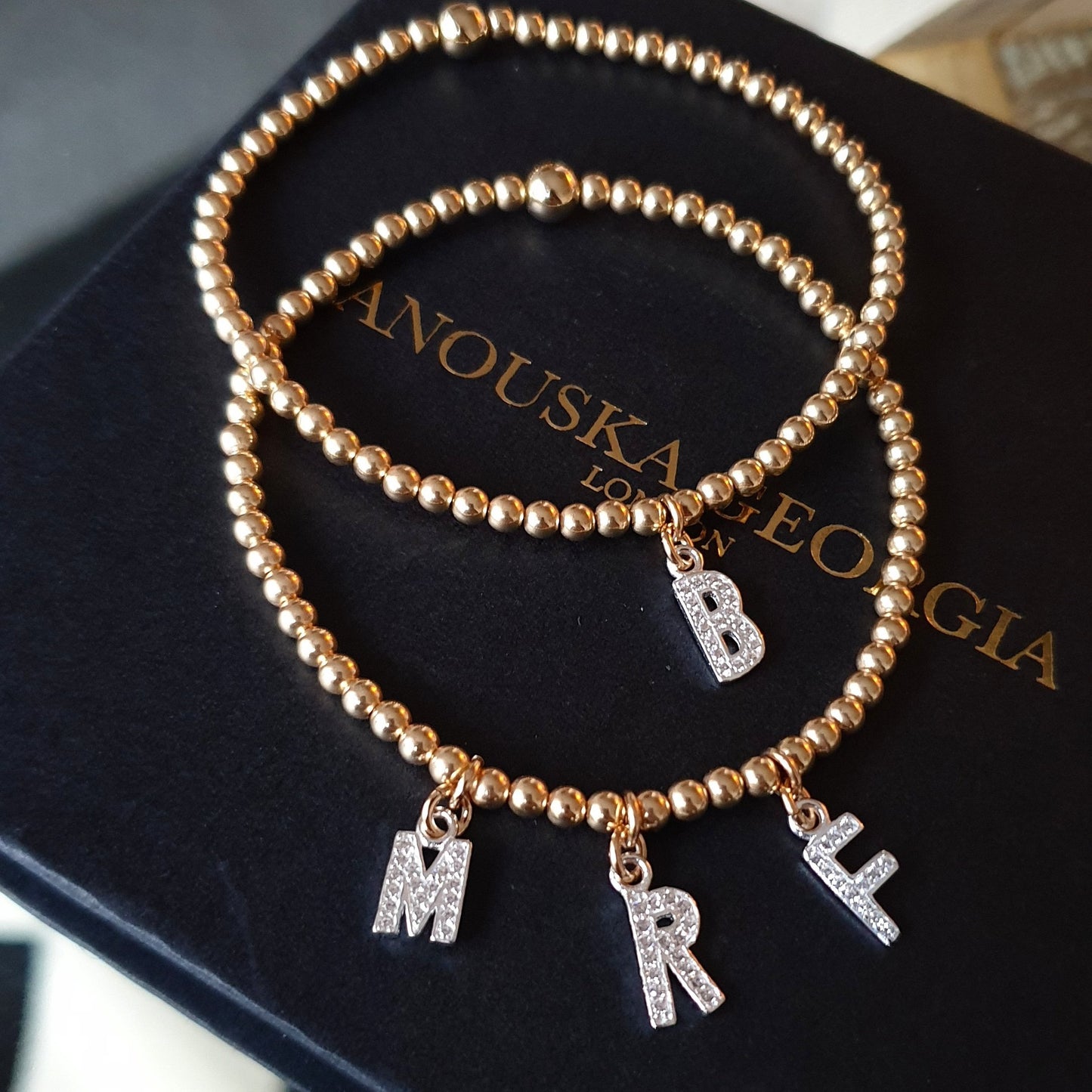 Gold Bobble Bracelet - Silver Crystal Initials