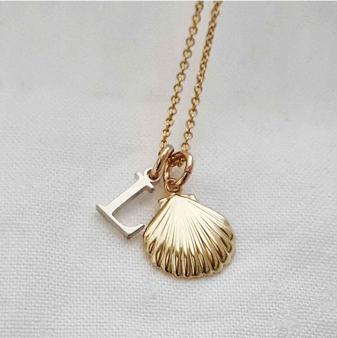 Gold Necklace - Gold Shell & Silver Initial